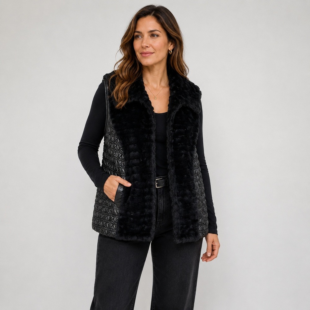 Chico's Faux Fur Puffer Vest Womens M Black Mixed Media Sleeveless J